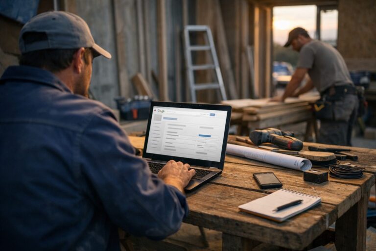 Artisan du bâtiment remplissant sa fiche Google sur un ordinateur portable dans son bureau