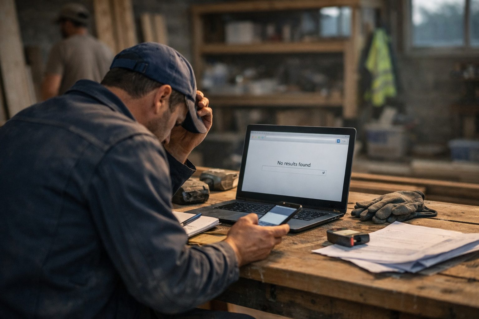 Artisan du bâtiment consultant son ordinateur avec un téléphone et des documents sur son bureau