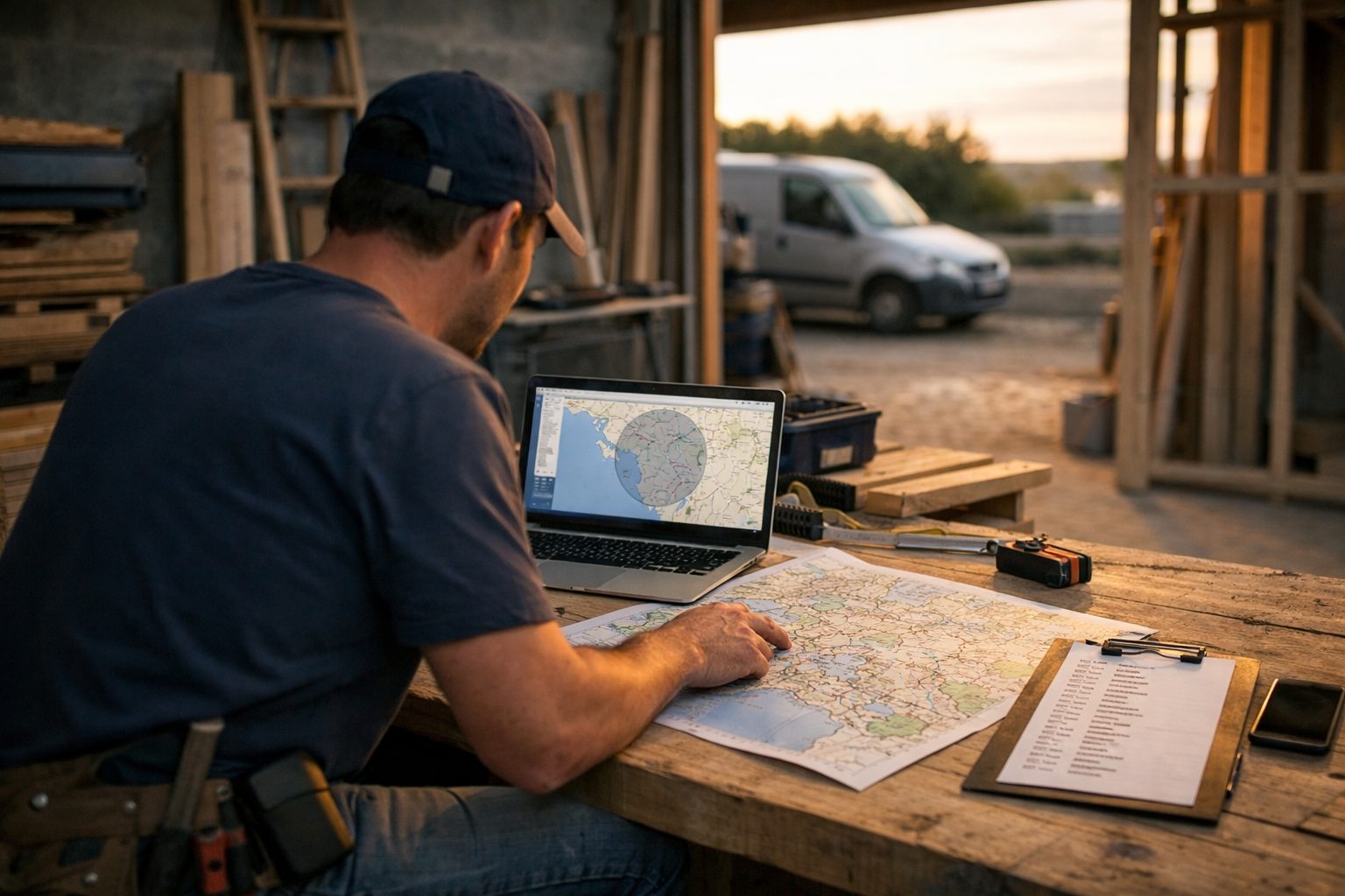 Artisan consultant une carte murale avec plusieurs communes entourées dans son atelier
