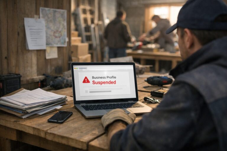 Artisan du bâtiment consultant son ordinateur portable devant un bureau avec documents