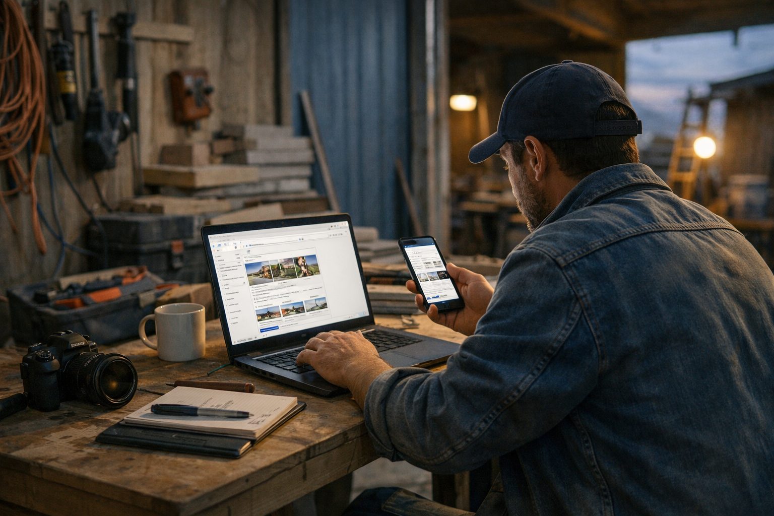 Artisan du bâtiment consultant sa fiche Google sur un ordinateur portable en soirée