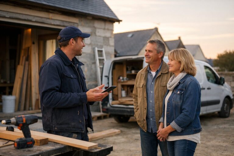 Artisan souriant échangeant avec un client devant un camion garé en fin de chantier