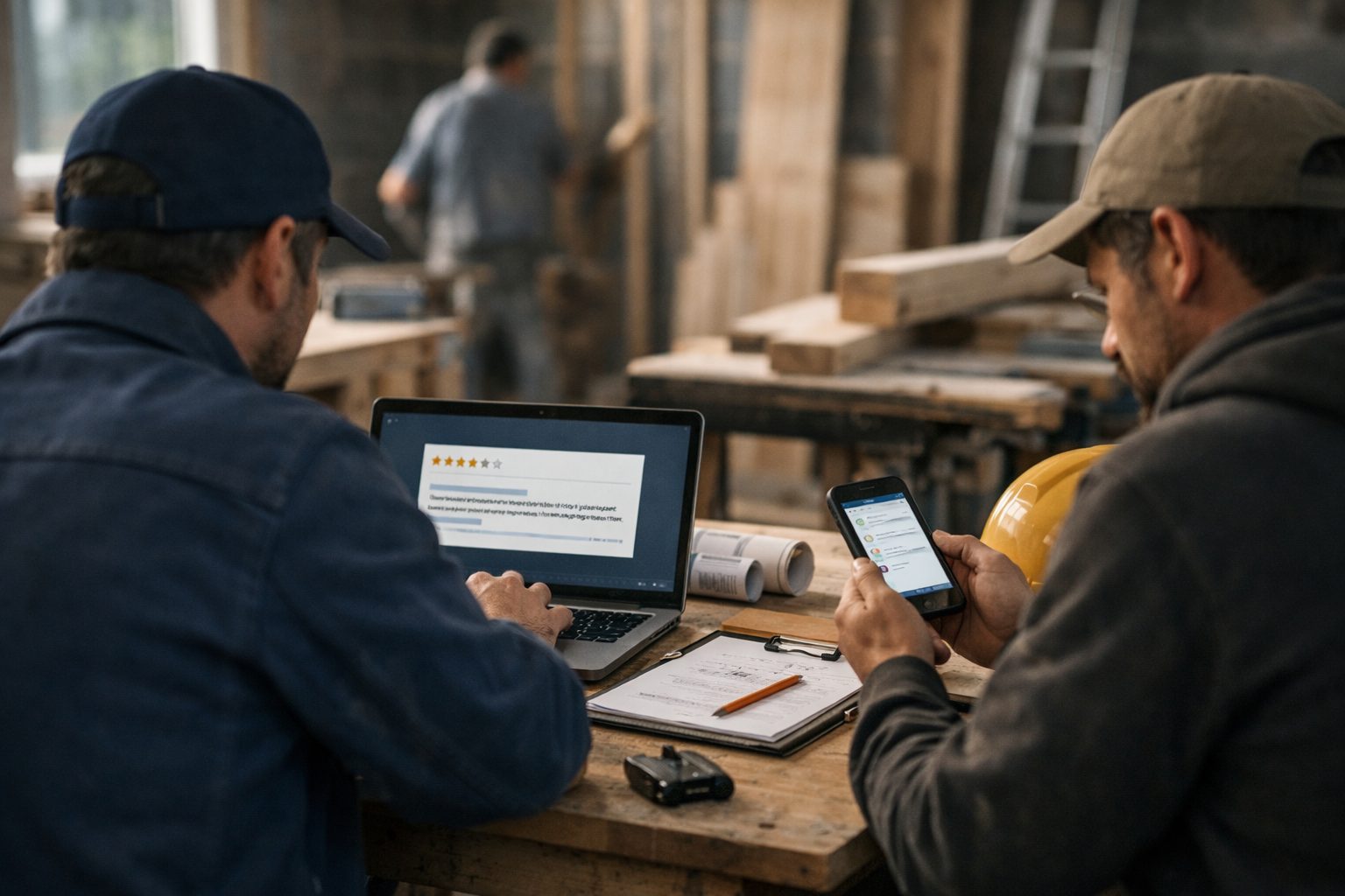 Artisan du bâtiment regardant des avis clients sur une tablette dans un atelier