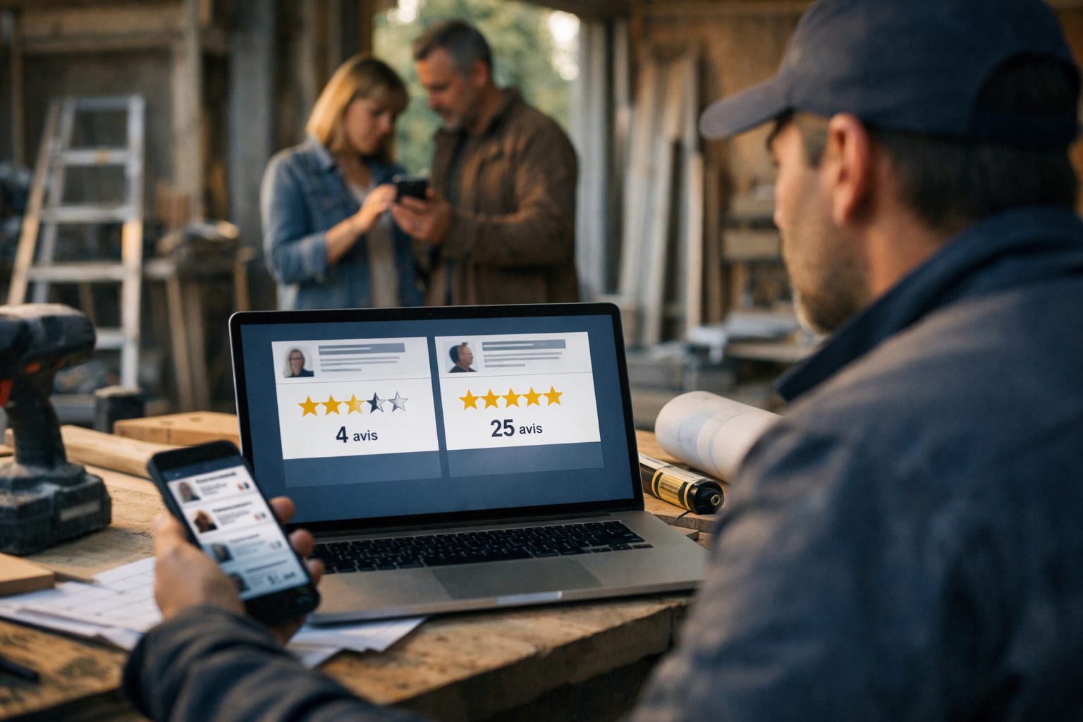 Particulier comparant plusieurs fiches d'artisans sur un ordinateur portable avant d'appeler