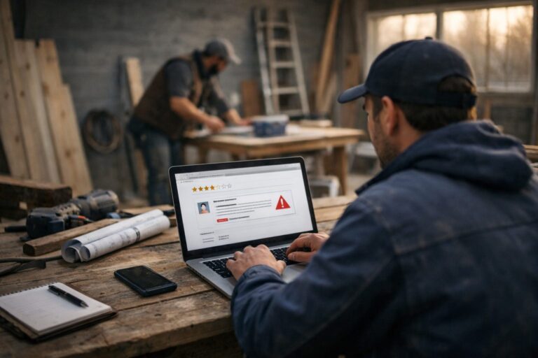Artisan du bâtiment consultant des avis en ligne sur son ordinateur portable