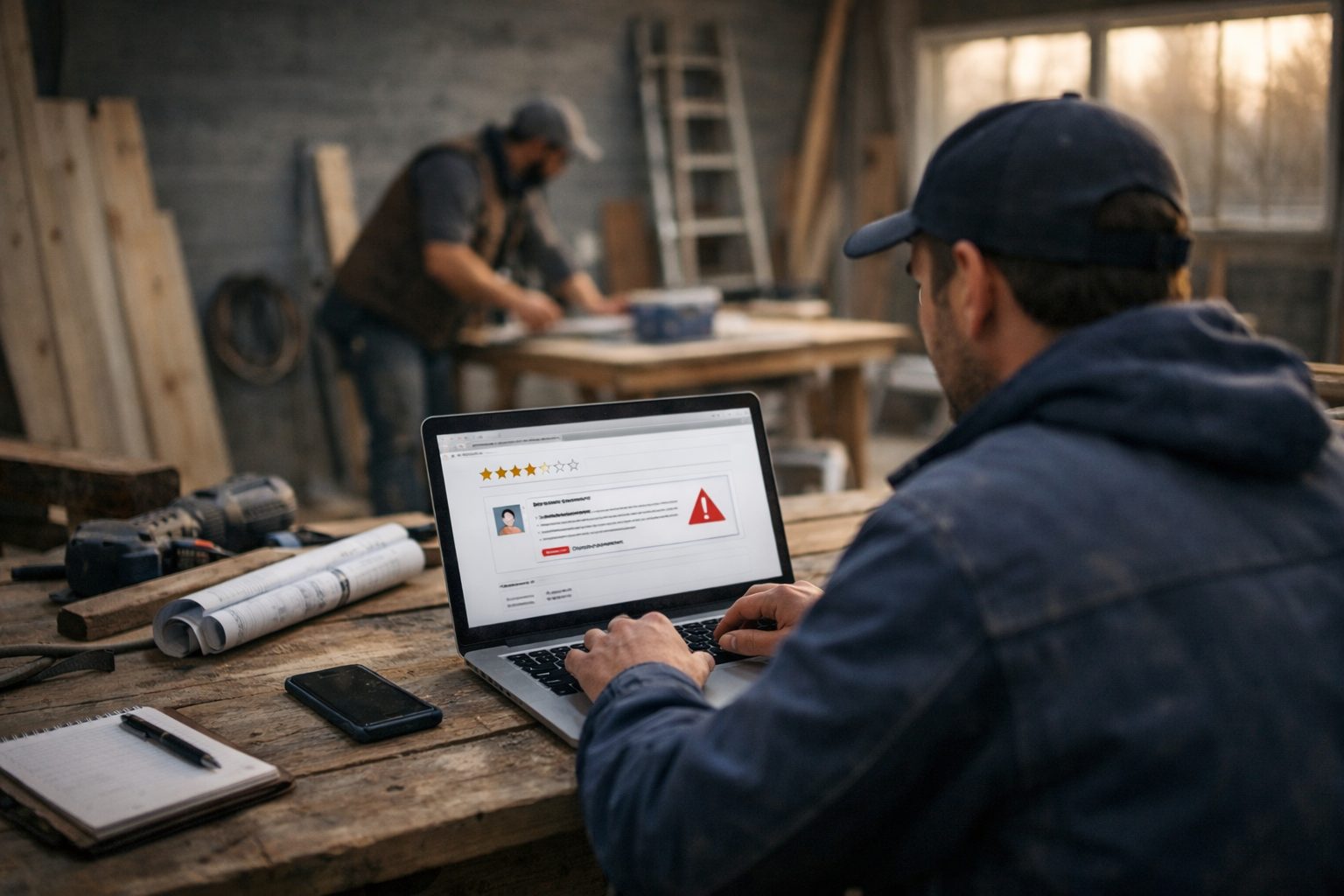 Artisan du bâtiment consultant des avis en ligne sur son ordinateur portable