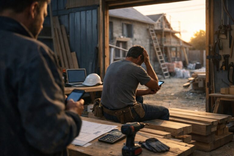 Artisan du bâtiment regardant son téléphone dans un bureau avec devis et casque de chantier
