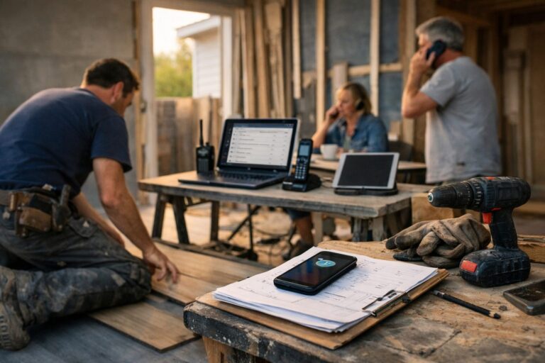 Artisan en tenue de chantier répondant à un appel près d’un mur en rénovation