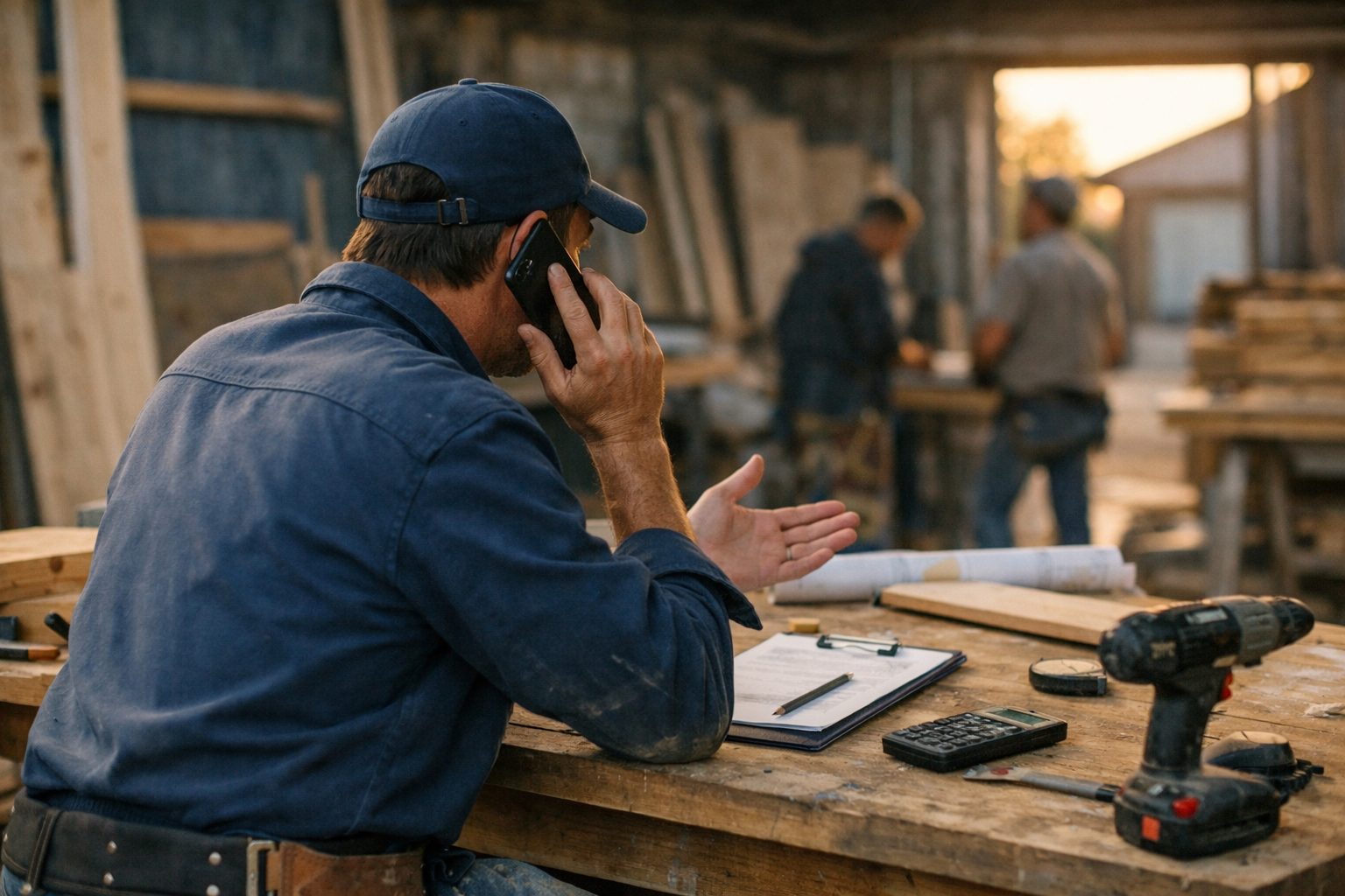 Artisan au téléphone devant un bureau avec plans, carnet et mètre ruban