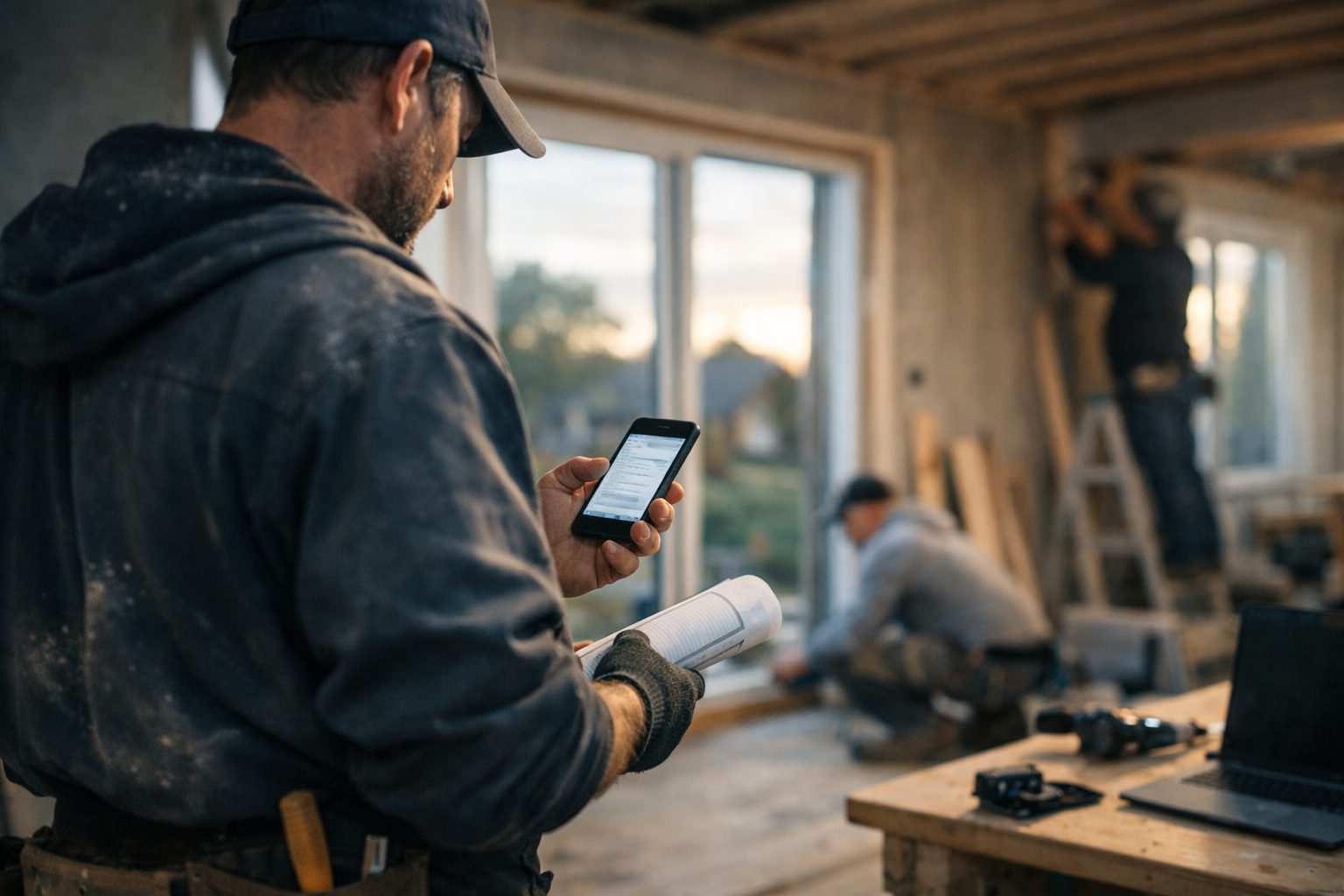 Artisan sur un chantier regardant son téléphone avec casque et outils à proximité