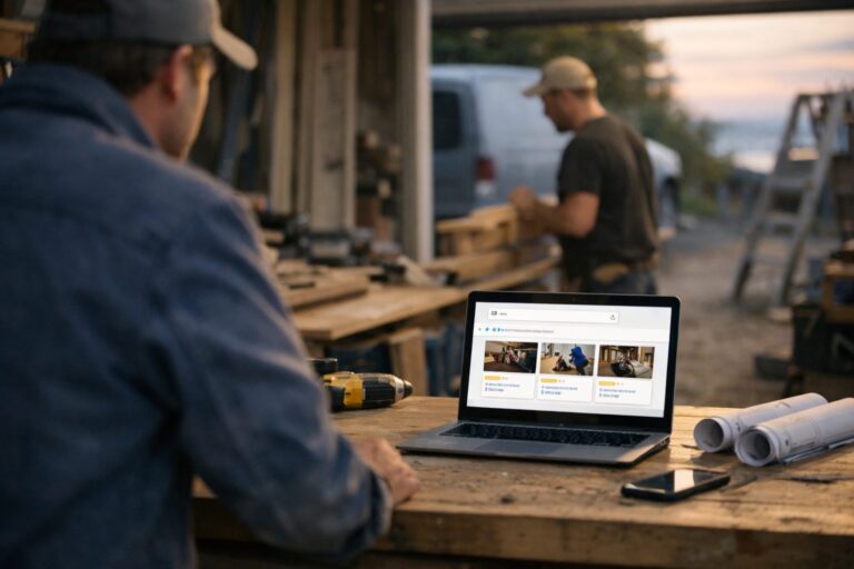 Personne consultant des résultats de recherche locale sur ordinateur avec trois fiches d’artisans visibles