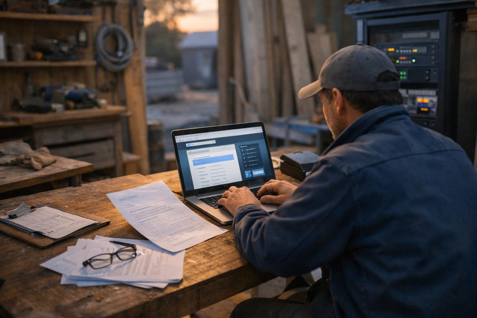 Artisan du bâtiment consultant un ordinateur portable avec un contrat et des notes sur son bureau