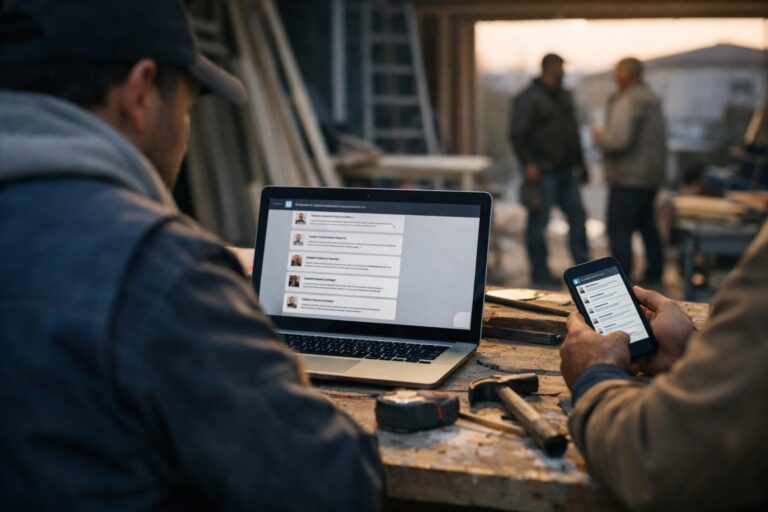 Artisan consultant les résultats d’une recherche sur intelligence artificielle dans son atelier
