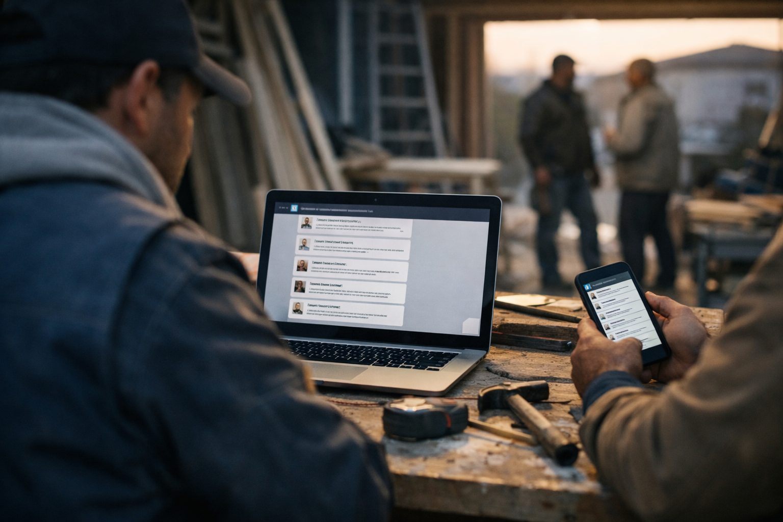 Artisan consultant les résultats d’une recherche sur intelligence artificielle dans son atelier