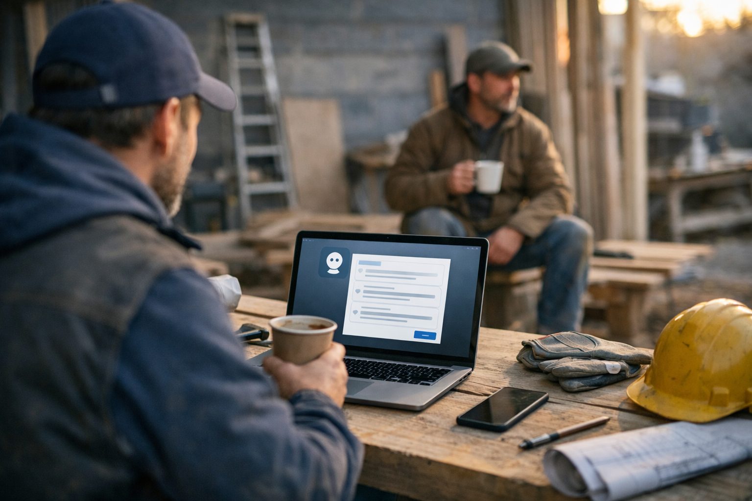 Artisan du bâtiment consultant un ordinateur portable avec carnet et café sur une table