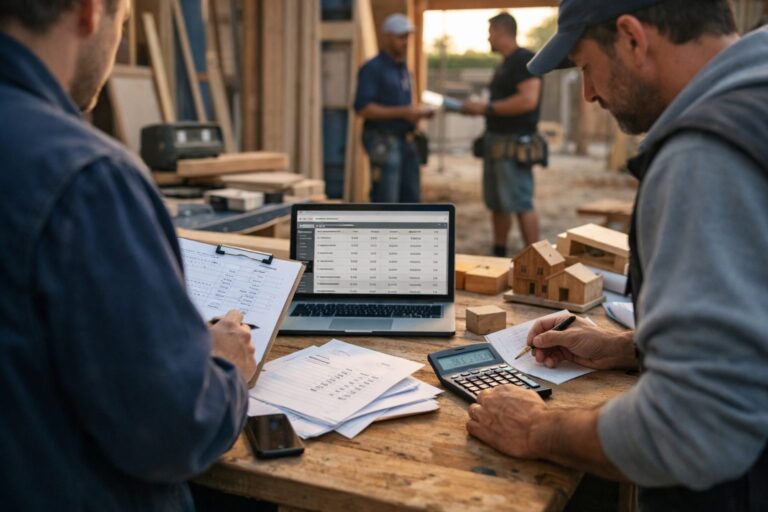 Artisan et tablette devant plans, calculant des devis sur un bureau encombré