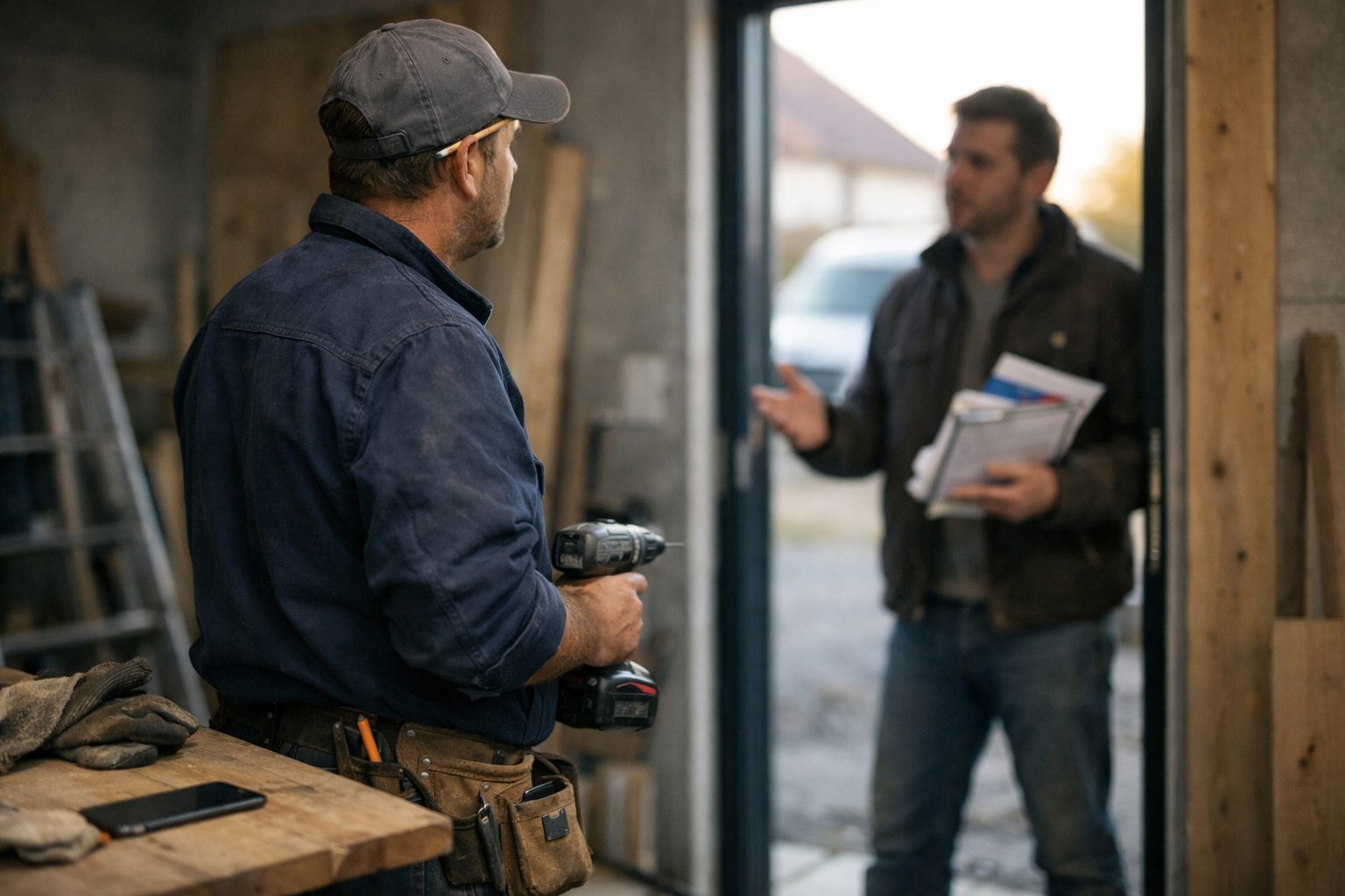 Artisan au téléphone devant une porte ouverte avec un prospectus tendu par un démarcheur